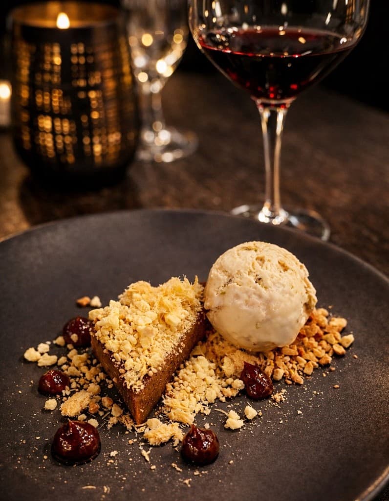 A plated dessert with ice cream and fruit coulis on a dark plate, with red wine and candlelight in soft focus.