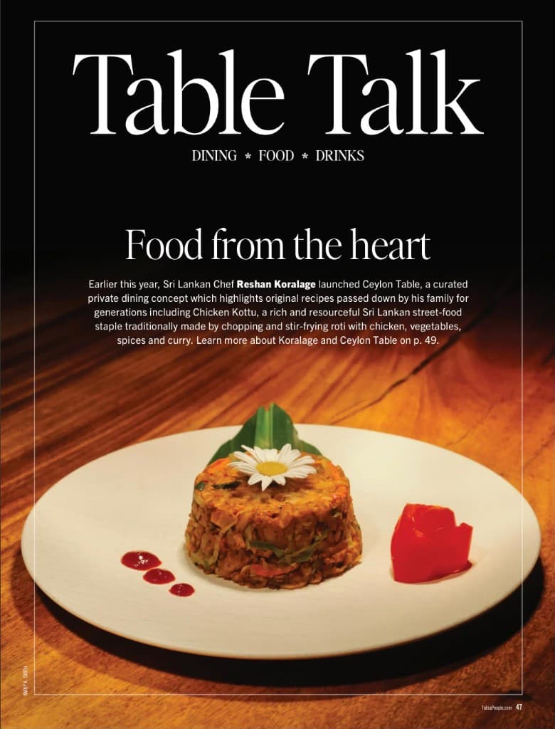 TulsaPeople Table Talk page featuring Chicken Kottu and the headline Food from the heart.
