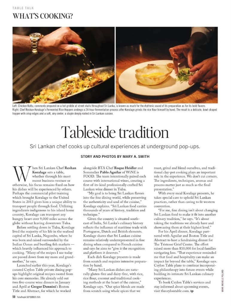 TulsaPeople September 2026 article Tableside tradition, with photographs of Chicken Kottu and fermented rice hoppers.